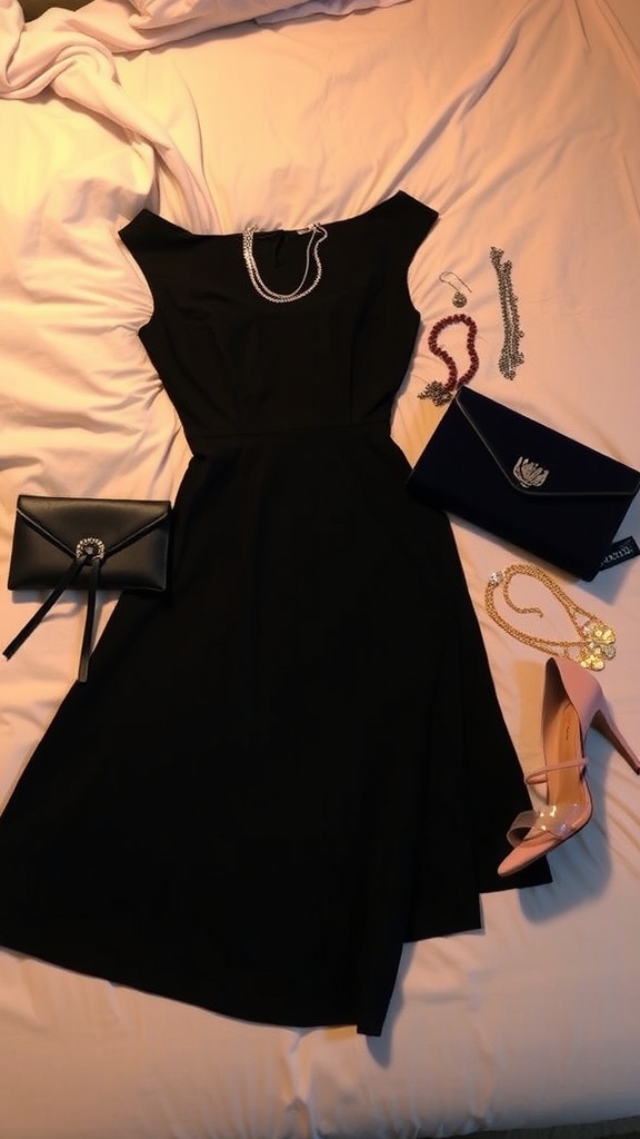 Stylish Dinner Night Outfit Ideas A fashionable outfit for dinner night: a black dress, heels, and accessories on a bed.